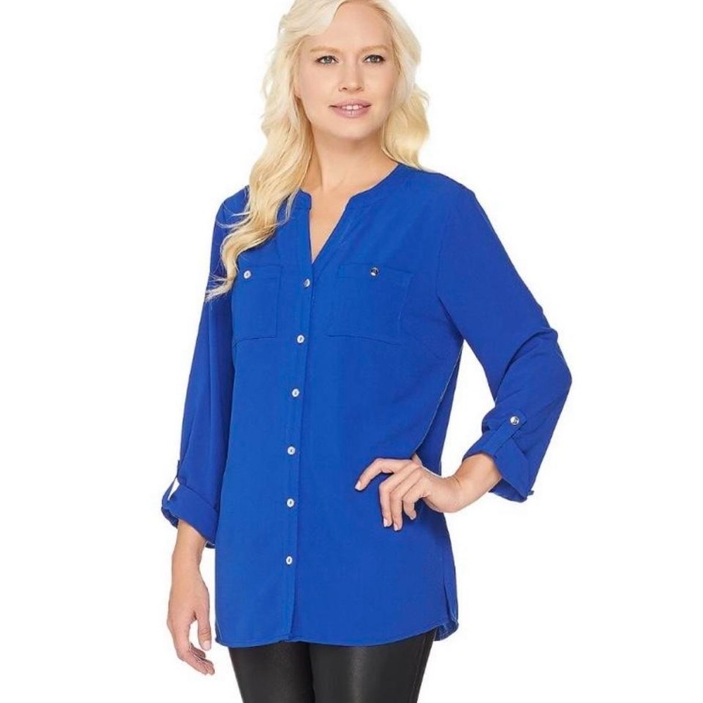 Susan Graver Royal Blue Button-Up Blouse